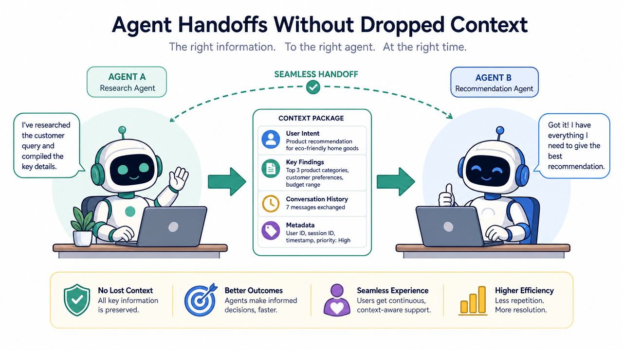 A diagram illustrating a seamless agent handoff process between two AI robots preserving context information.