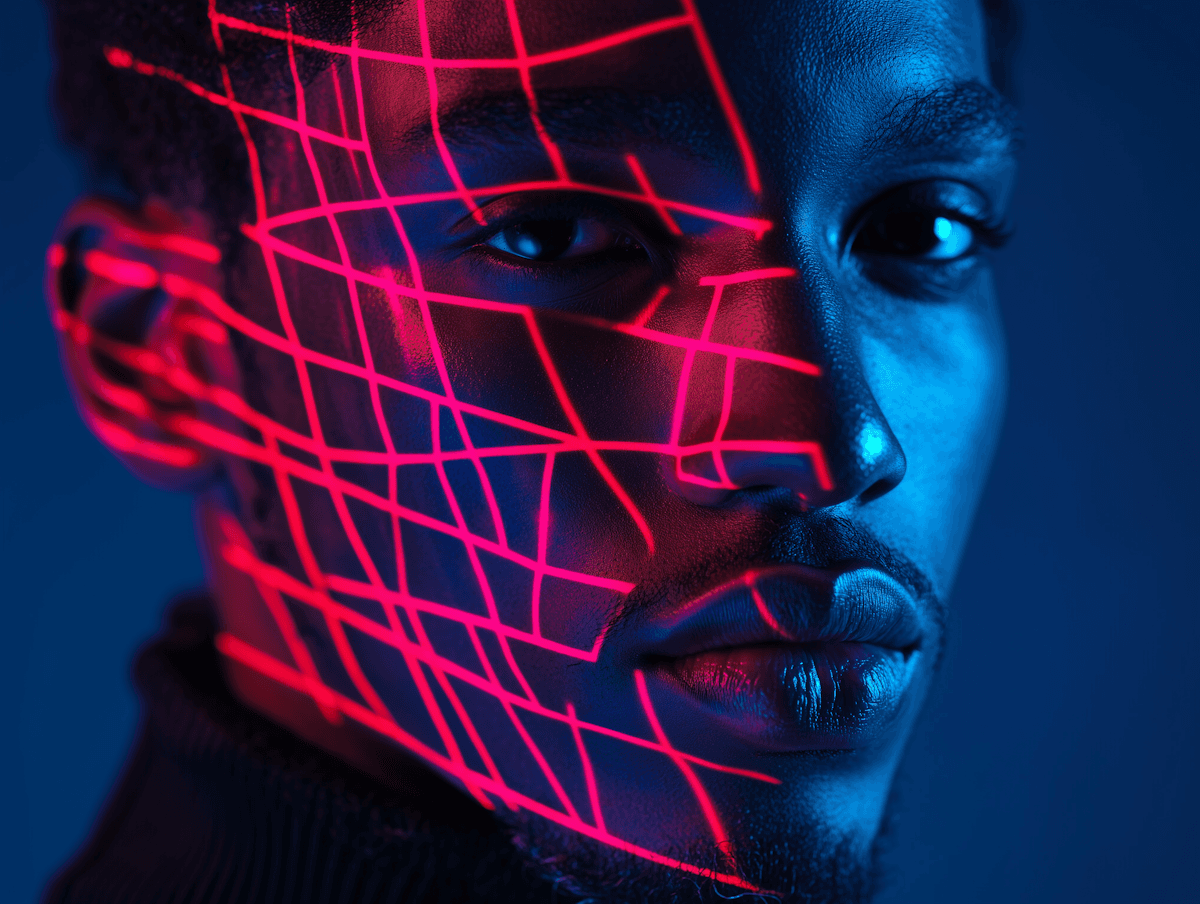 Close-up of young man lit by red laser beams in a moody, low-light environment