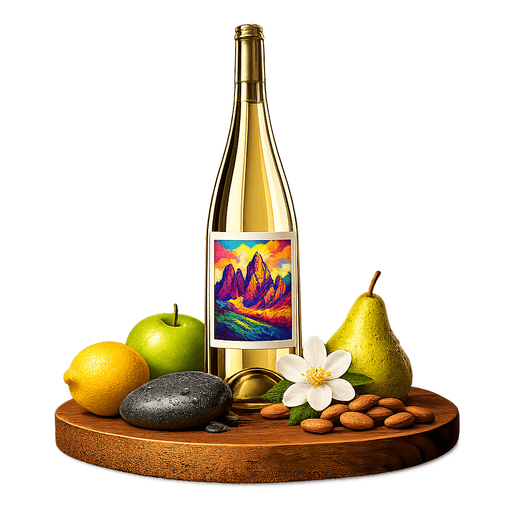 Artistic label and flavor profile for Northeastern Italy Pinot Grigio on a rustic wooden table.