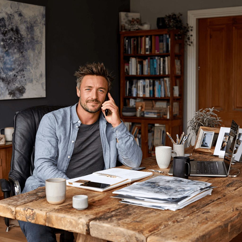 Man talking to AI agent on phone happily
