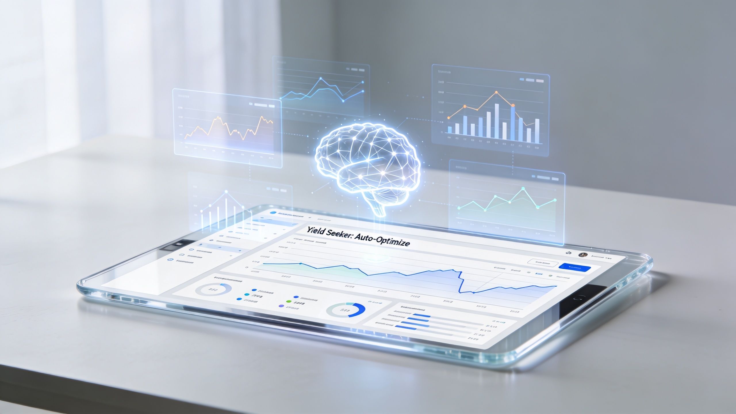 A digital tablet displaying financial data analytics with a holographic brain icon floating above the screen.