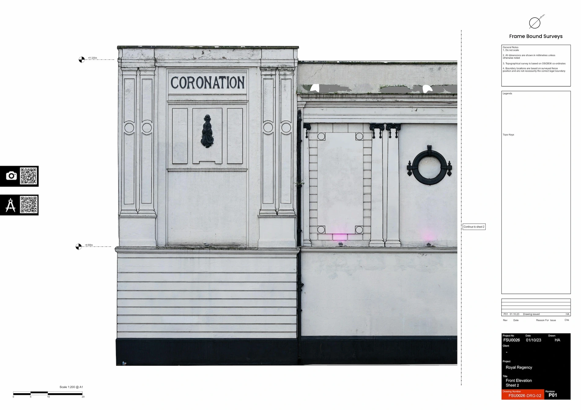 Final measured building survey sheet showing a textured front elevation and technical data for the Royal Regency project