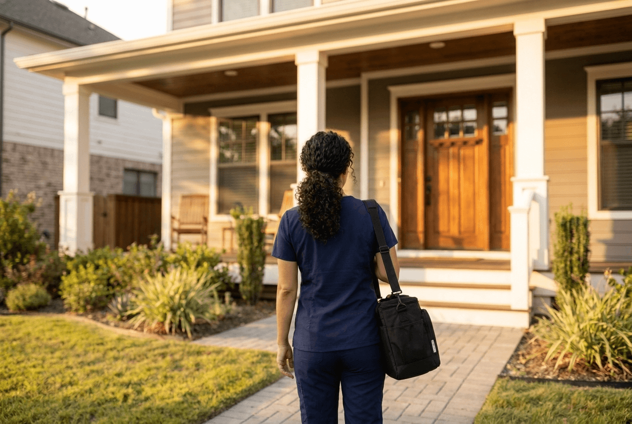House call doctor arriving at elderly patient's home on Long Island, NY — in-home medical care for seniors