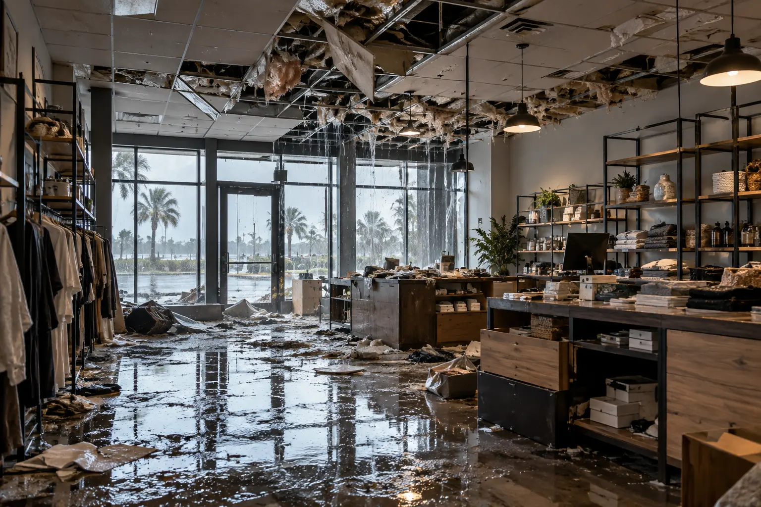 Storm-damaged Louisiana retail business with flooding, ceiling damage, and disrupted commercial operations.