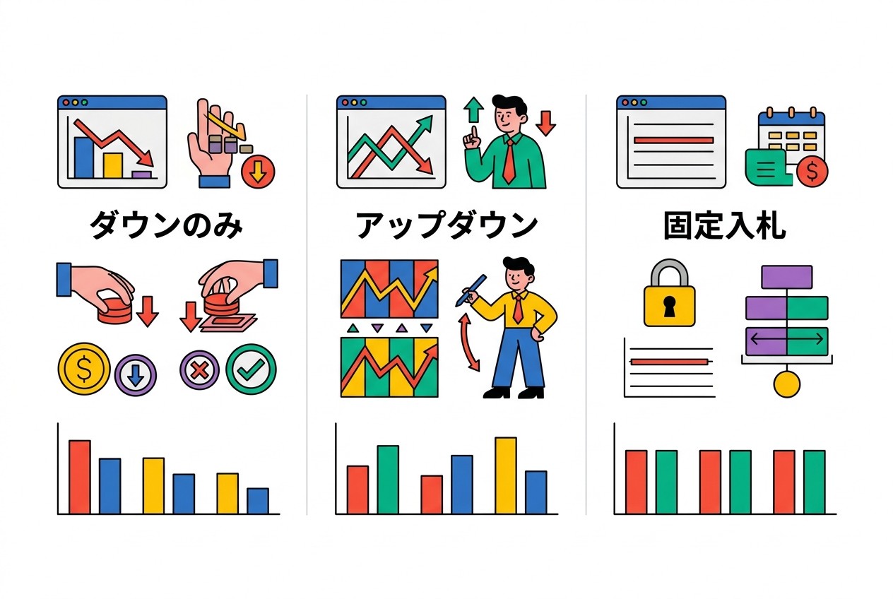 動的入札3設定での効果比較。ダウンのみは効率重視、アップダウンは売上重視、固定入札はコントロール重視で使い分ける。