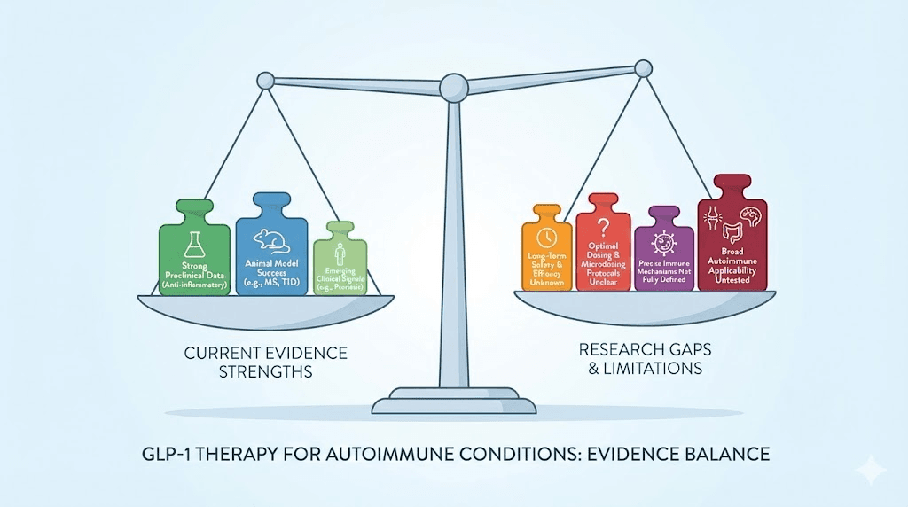 Evidence balance for microdosing GLP-1 in autoimmune conditions showing strengths and gaps