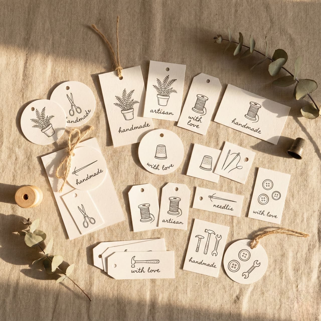 Various handmade tags on beige fabric depict sewing and crafting tools with phrases like "handmade" and "with love," exuding a warm, artisanal vibe.
