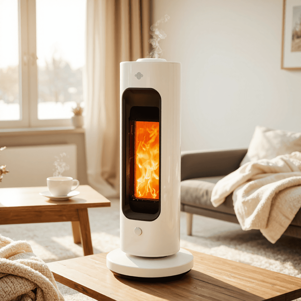 product photography of a portable electric heater with a cylindrical design