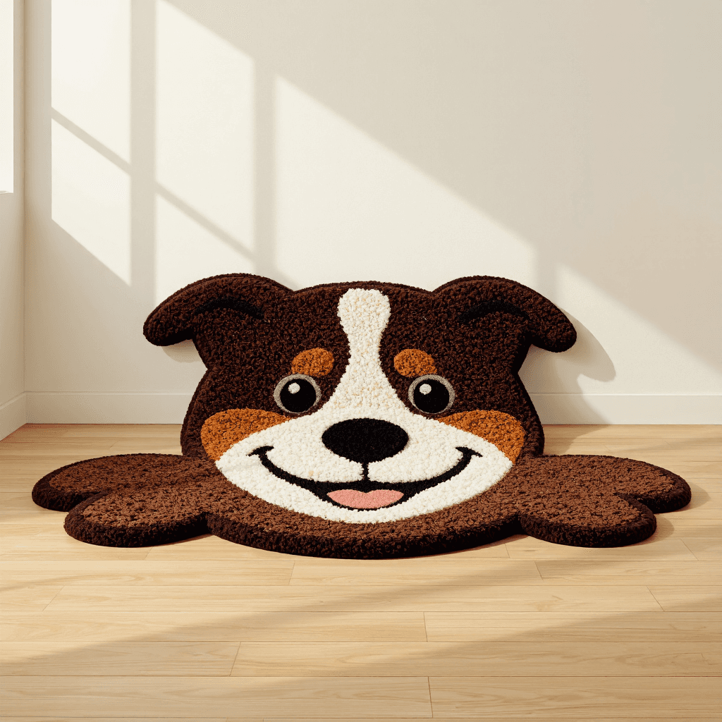 product photography of a decorative rug shaped like a dog's face, used for home decor