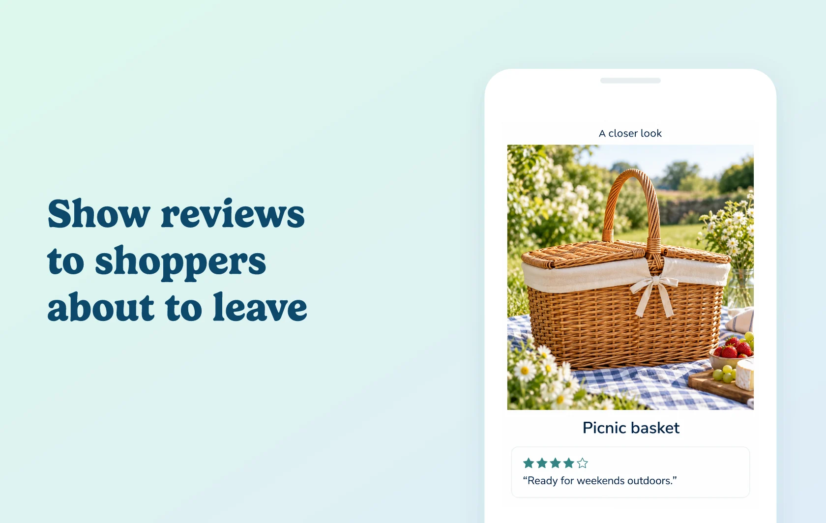 Judge.me and Boomerang Bounce Back integration: illustration of an offer page featuring a picnic basket and customer review, shown inside a phone for the leaving-visitor use case.