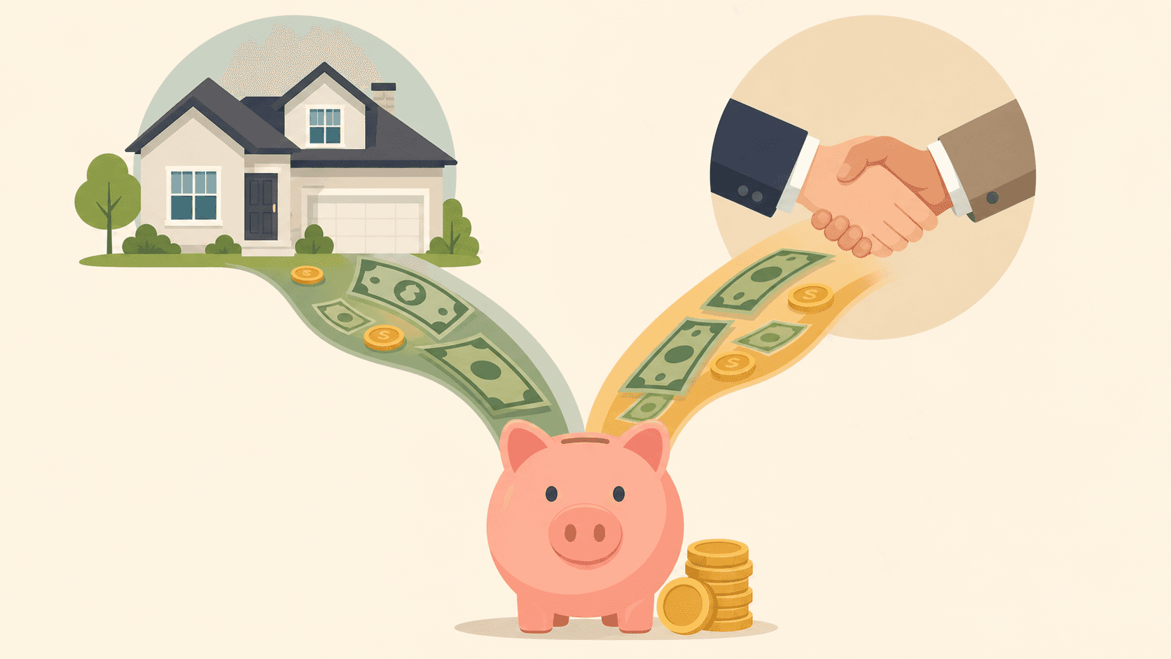 A split illustration showing two separate streams of money flowing from different sources — one from a house representing a seller, and one from a handshake representing a broker — both converging into a single piggy bank or wallet, symbolizing stacking financial credits at a real estate closing. Clean, modern flat design style with warm neutral tones and subtle financial iconography. No text, no words, no letters.