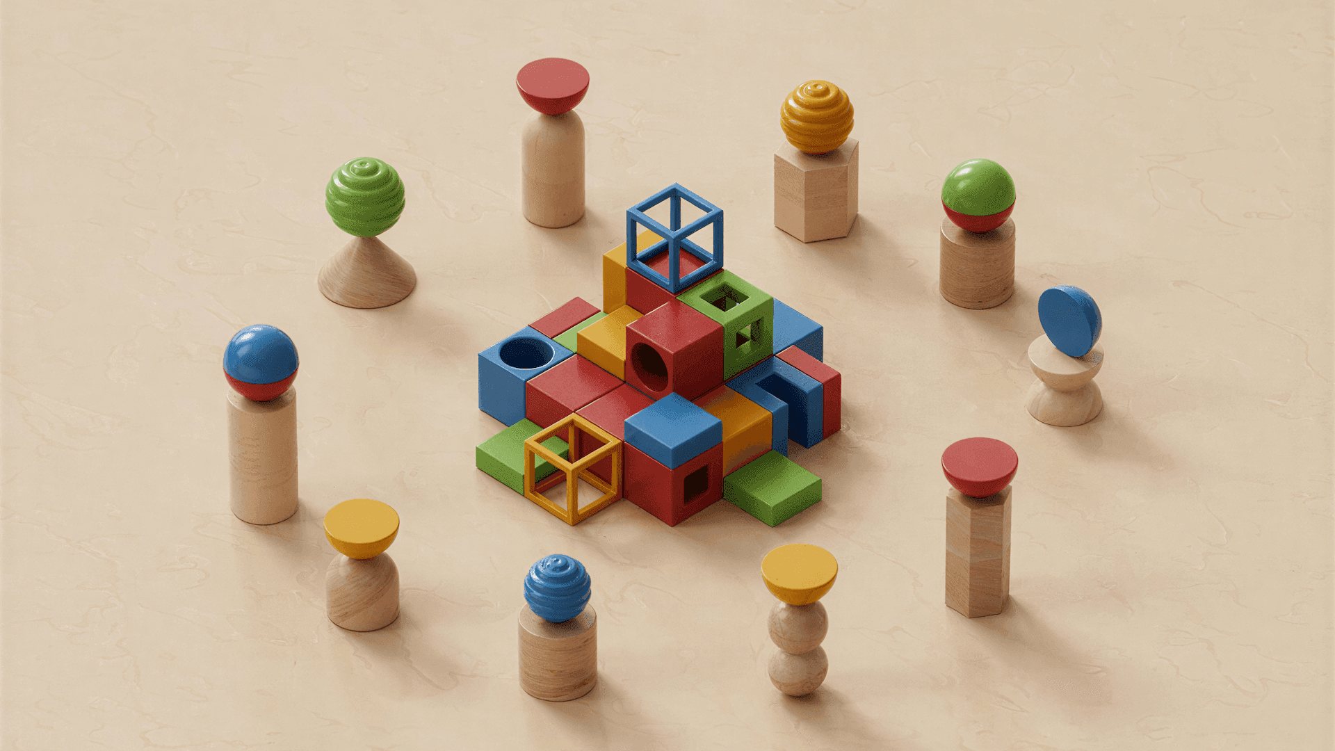 Distinct wooden figures surrounding a colorful shared structure, symbolizing collaboration.