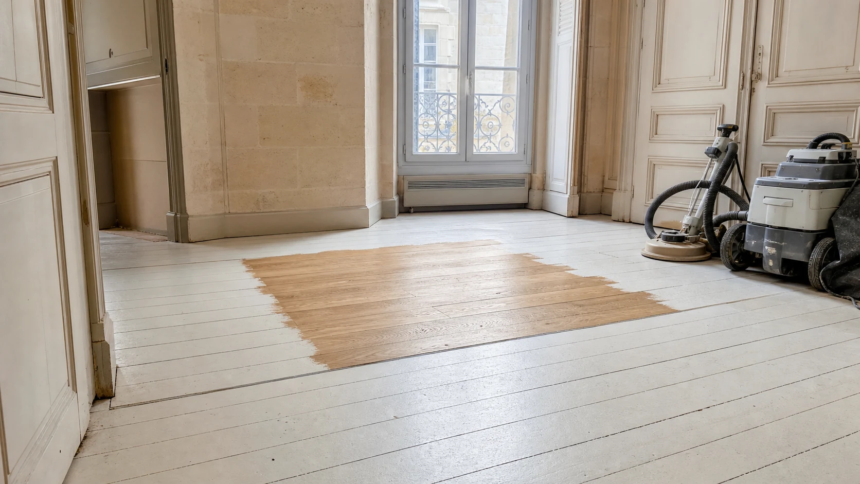 Parquet peint partiellement décapé révélant le bois naturel dans un appartement bordelais