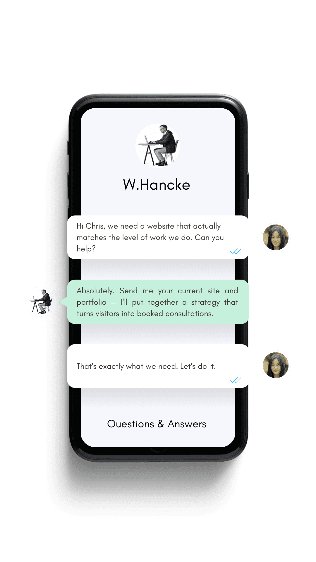 Cellphone screen displaying a chat between a man and a woman,  text bubbles
