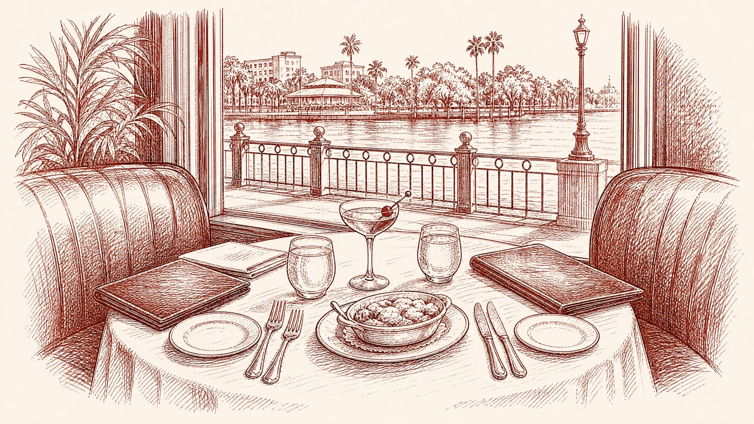 A single riverside business table prepared for two, with a comfortable booth, lunch in tampa