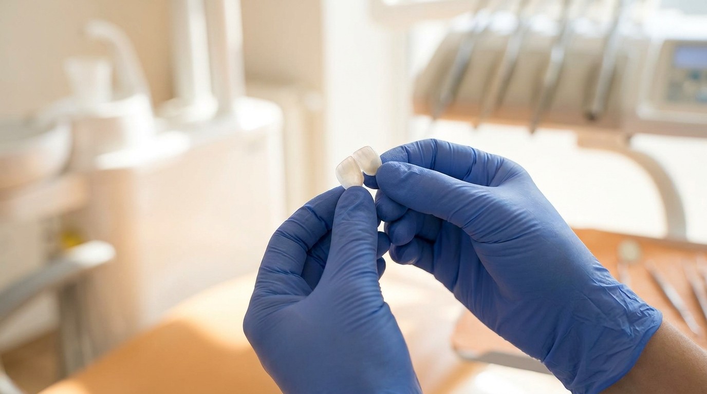 A thin porcelain veneer shell held in a bright dental office before placement on a front tooth