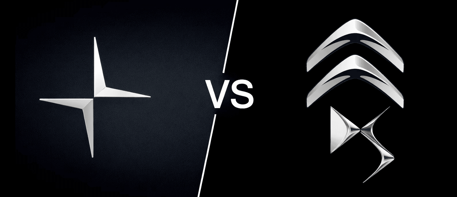 Logo Polestar face aux logos Citroën et DS sur fond noir, illustrant l’arrivée de Polestar en France en 2026