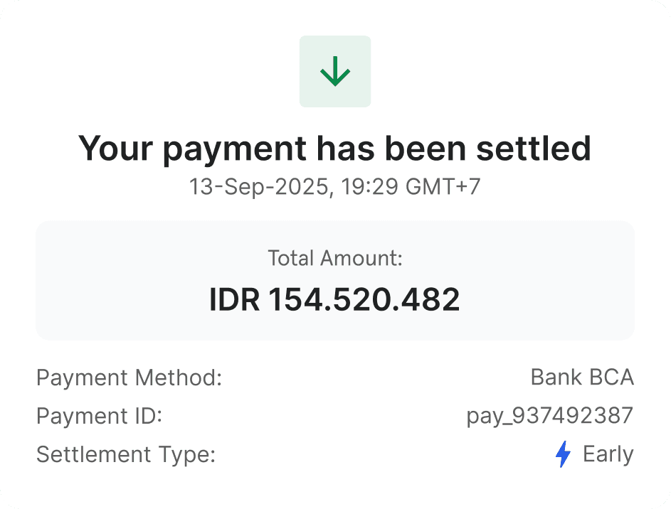 Notification indicating payment has been settled instantly via Durianpay’s real-time settlement