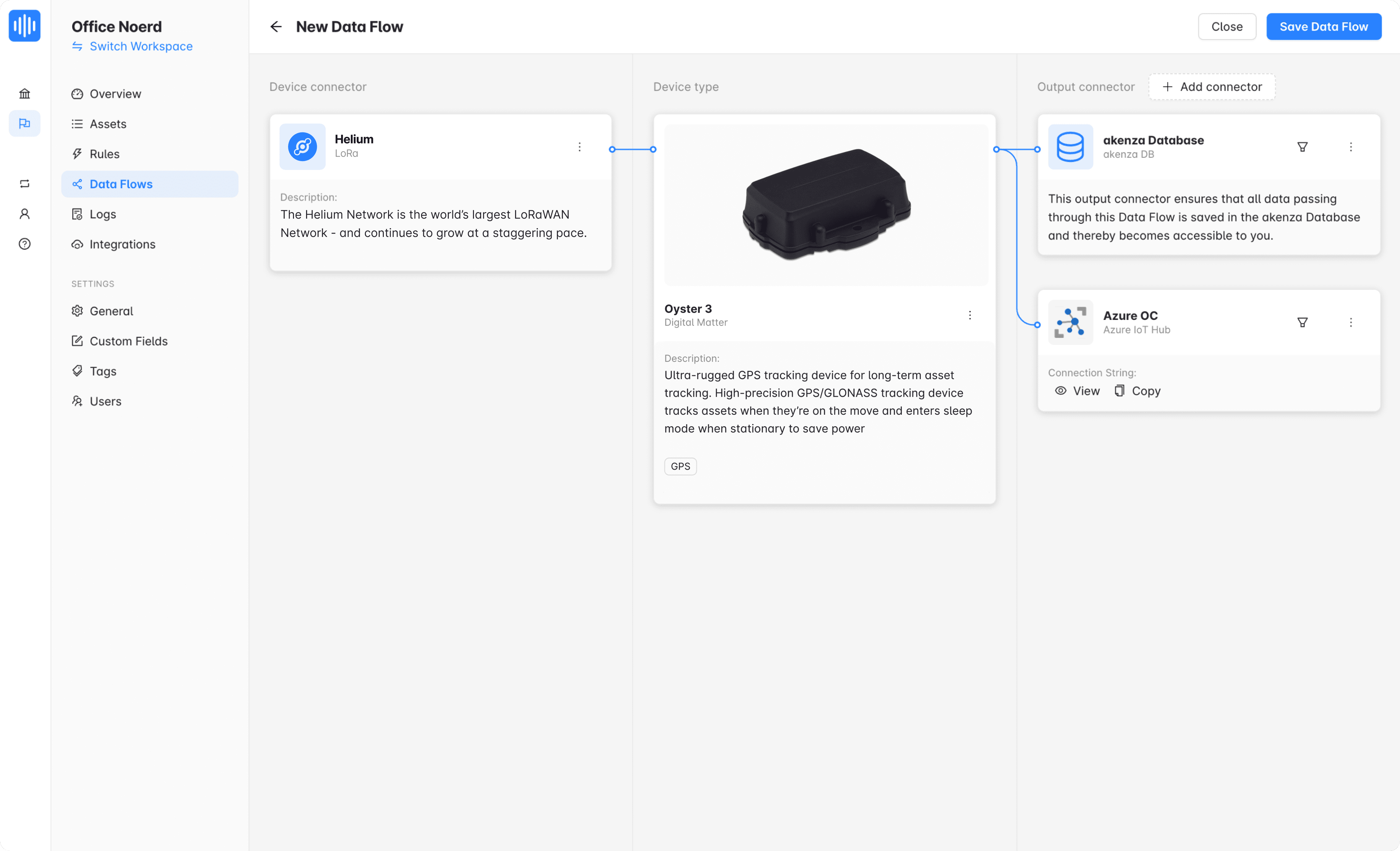 Data flow dashboard on the akenza platform