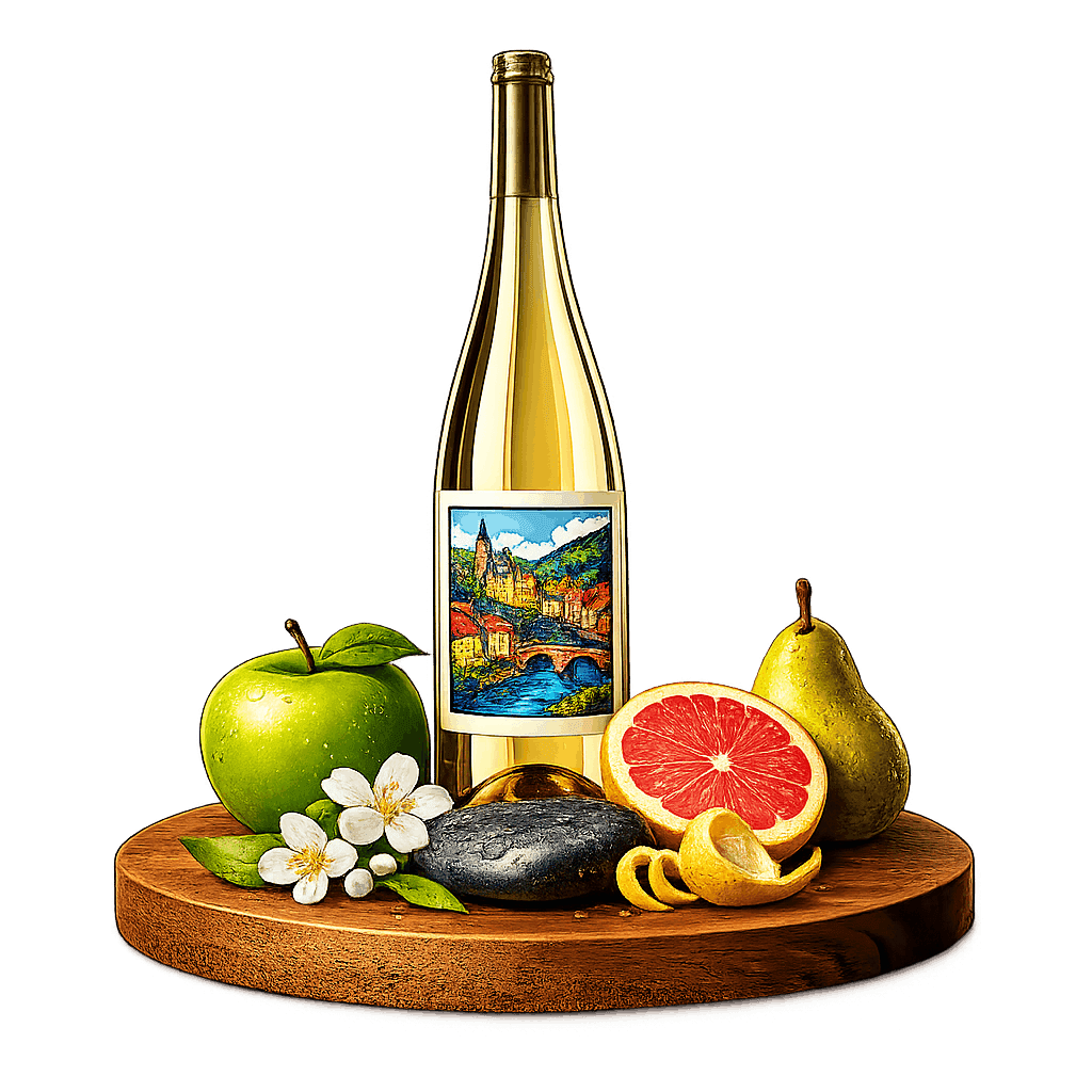 Artistic label and flavor profile for Luxembourg Elbling on a rustic wooden table.