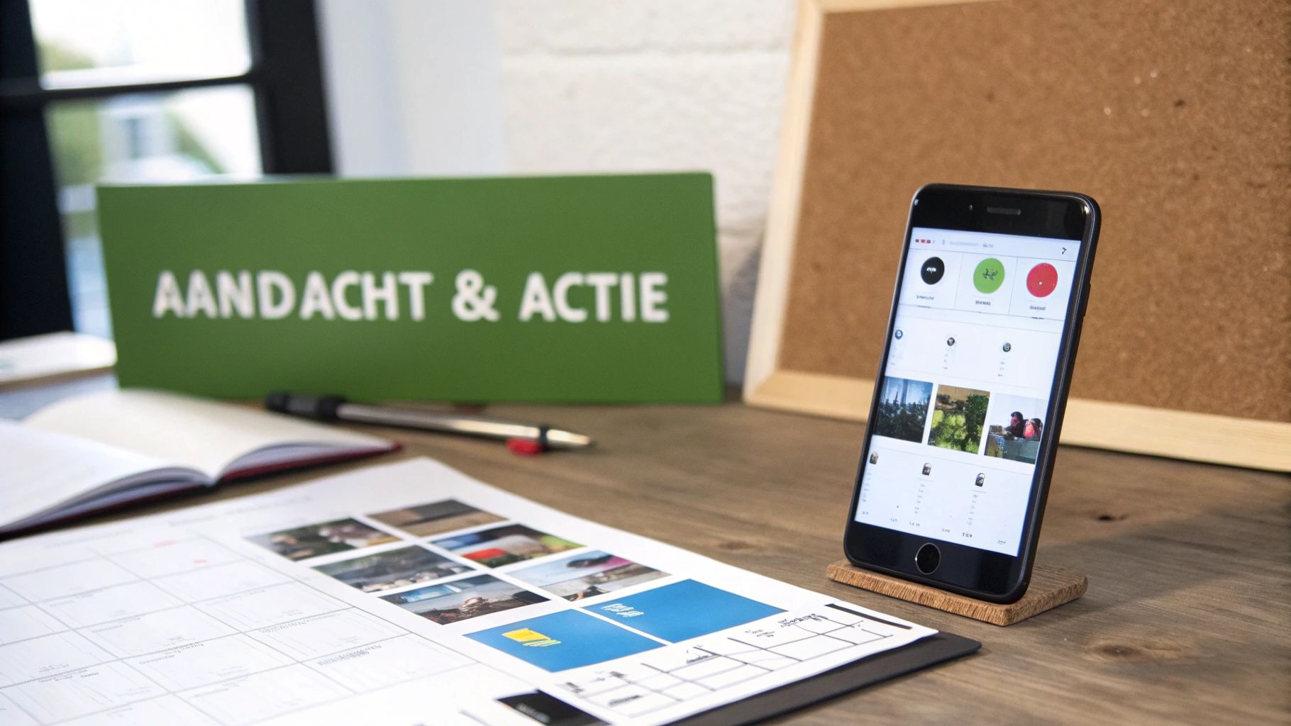 Smartphone toont social media app met AANDACHT & ACTIE banner op bureau met ontwerpdocumenten
