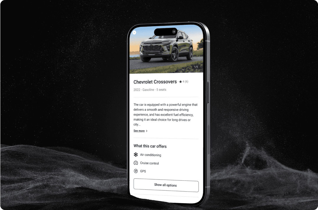Smartphone mockup displaying a Chevrolet Crossovers listing in the FlynCar app, featuring car details, photos, and amenities.