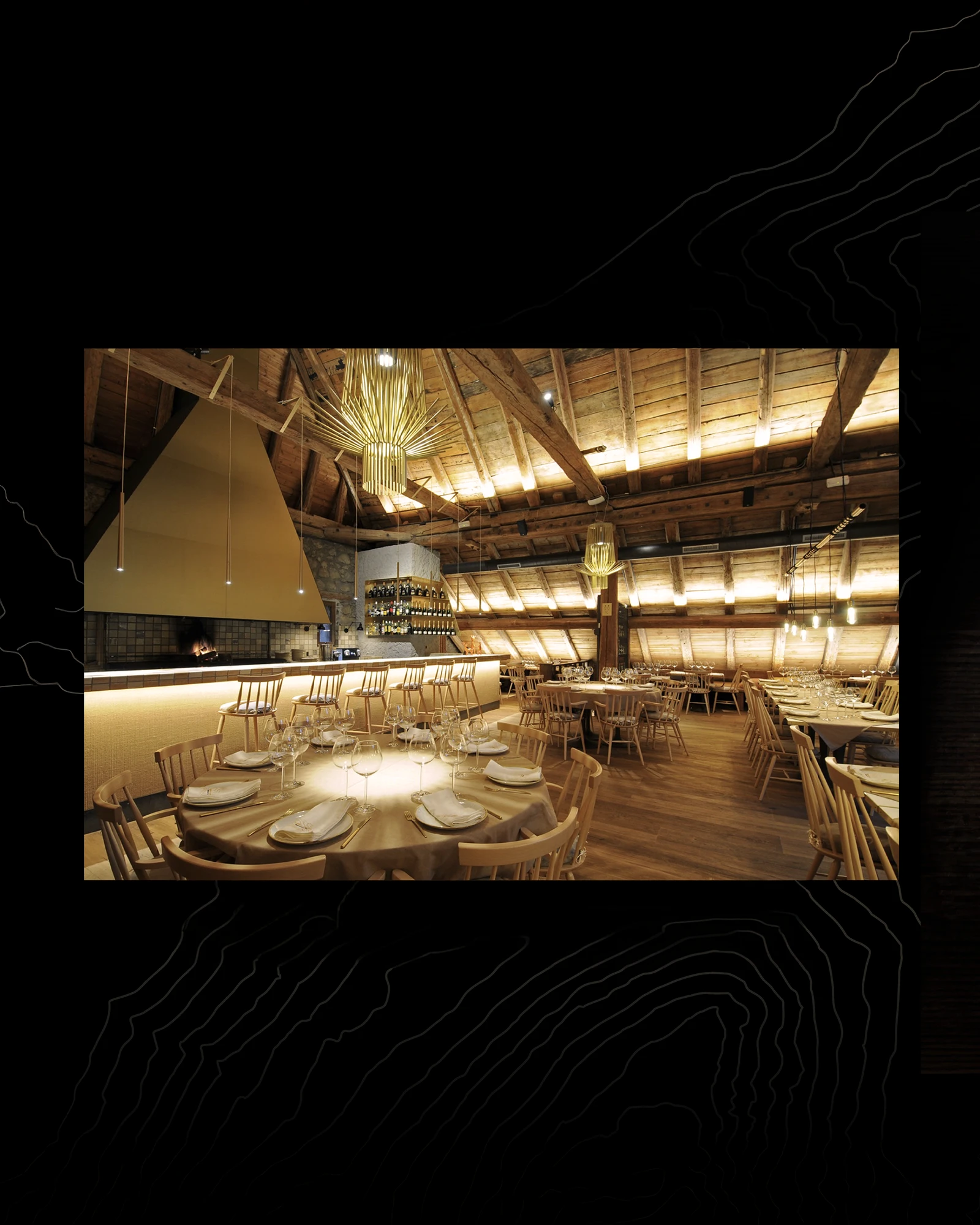 Warm-lit Borda Lobato dining room with a wooden ceiling and set tables, brand identity design by Sebastian Saavedra
