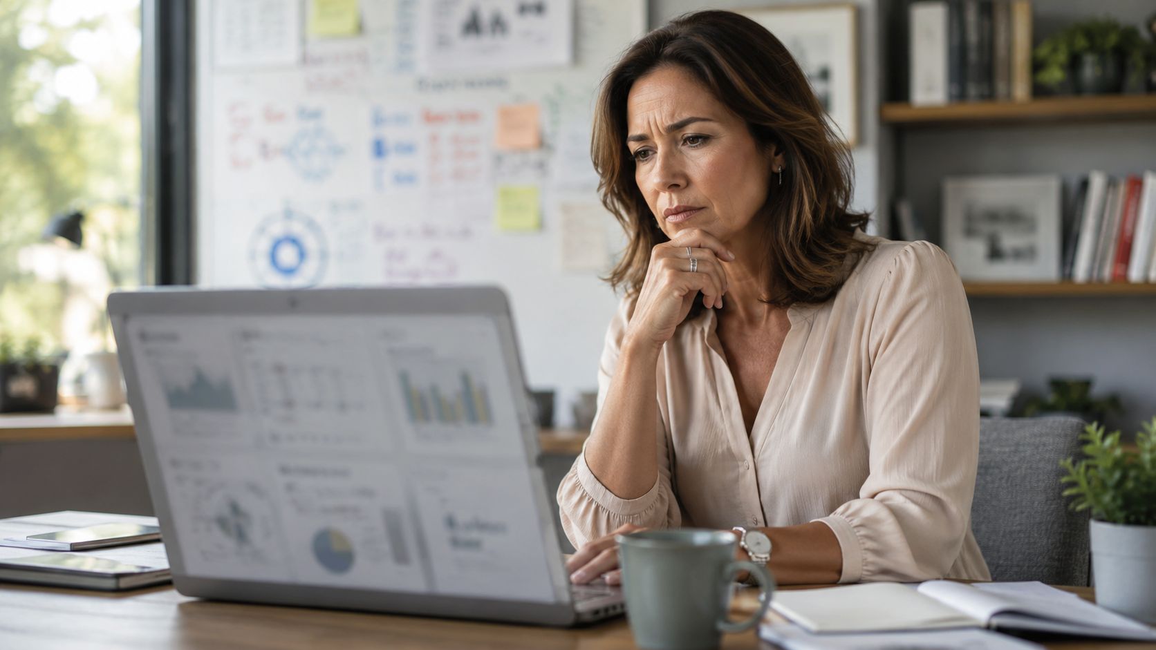 A professional woman looking concerned while reviewing data analytics and business charts on her laptop screen.