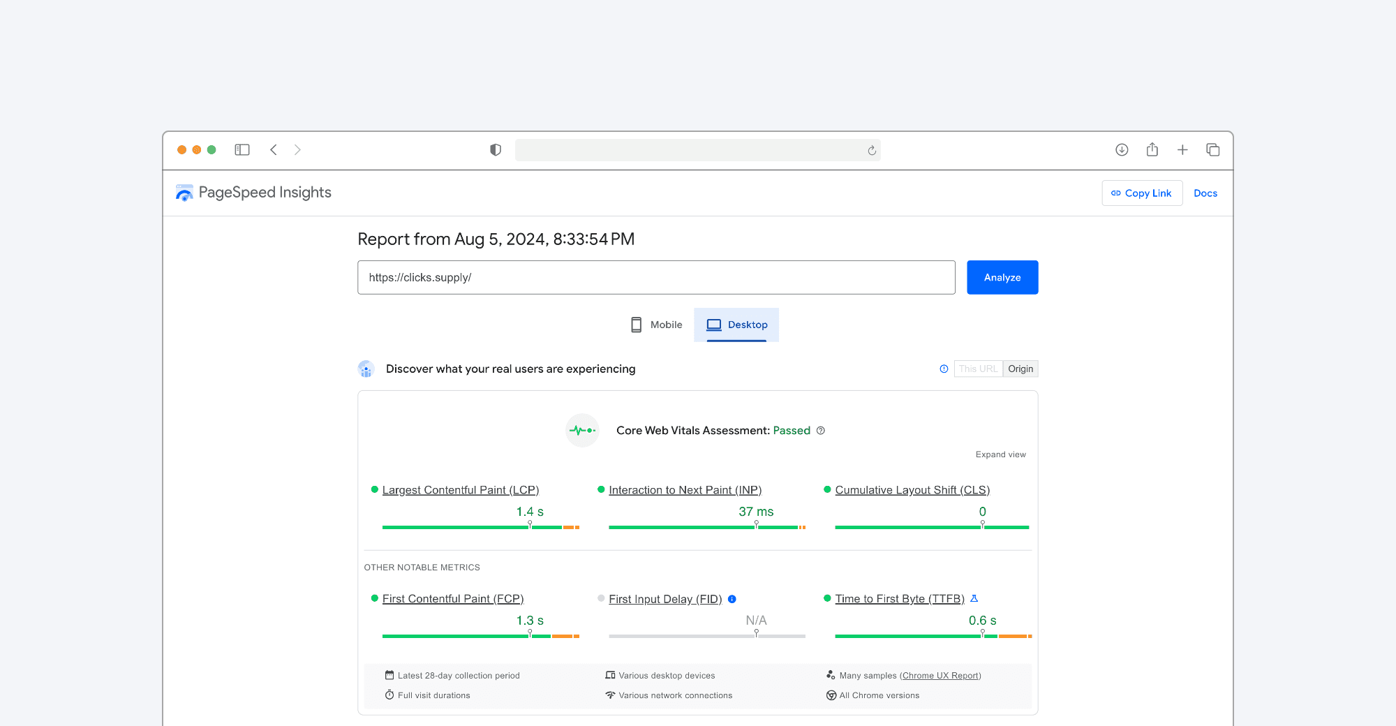 Core Web Vitals report for clicks.supply