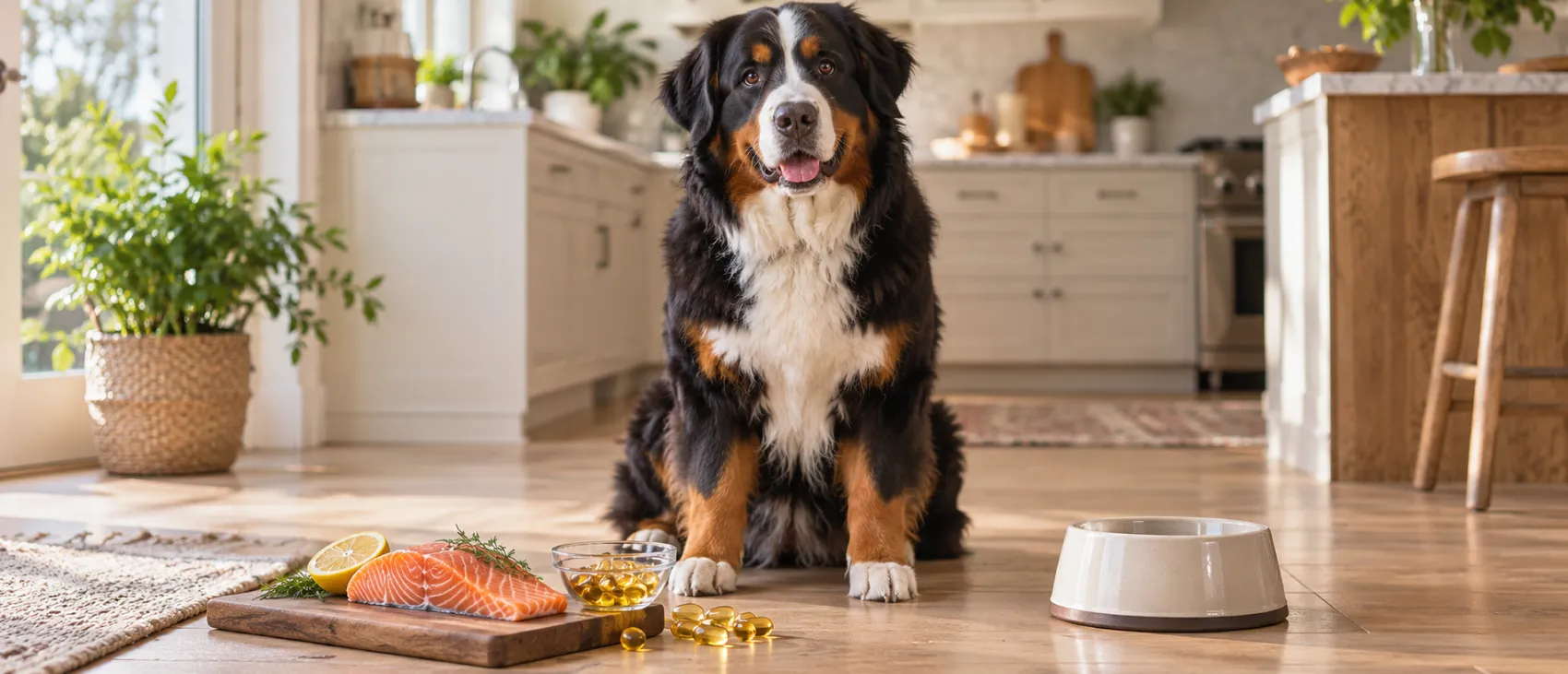 A Bernese Mountain Dog sitting beside a salmon fillet and fish oil capsules.
