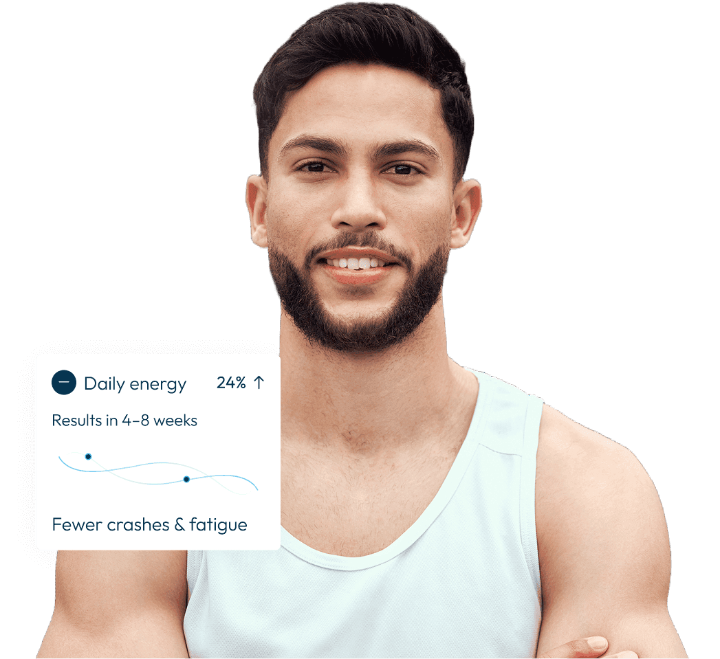 A man with an illustration of his health metrics improvement