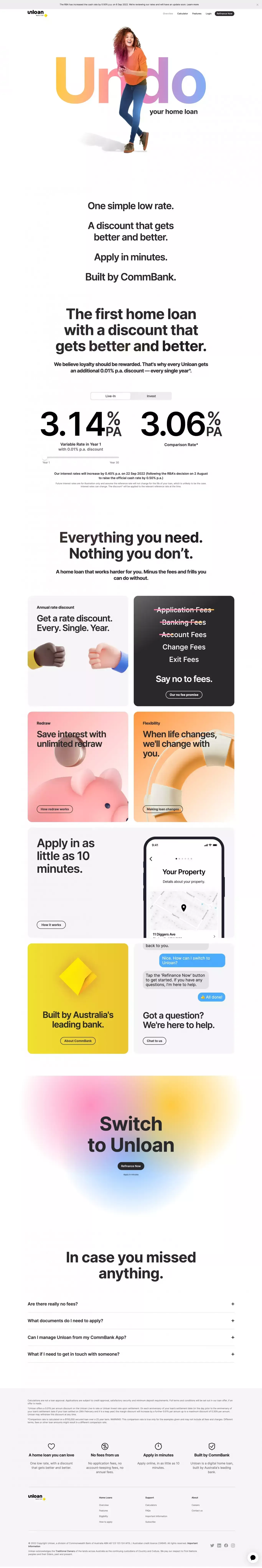 Unloan landing page screenshot showcasing Tech and Finance design