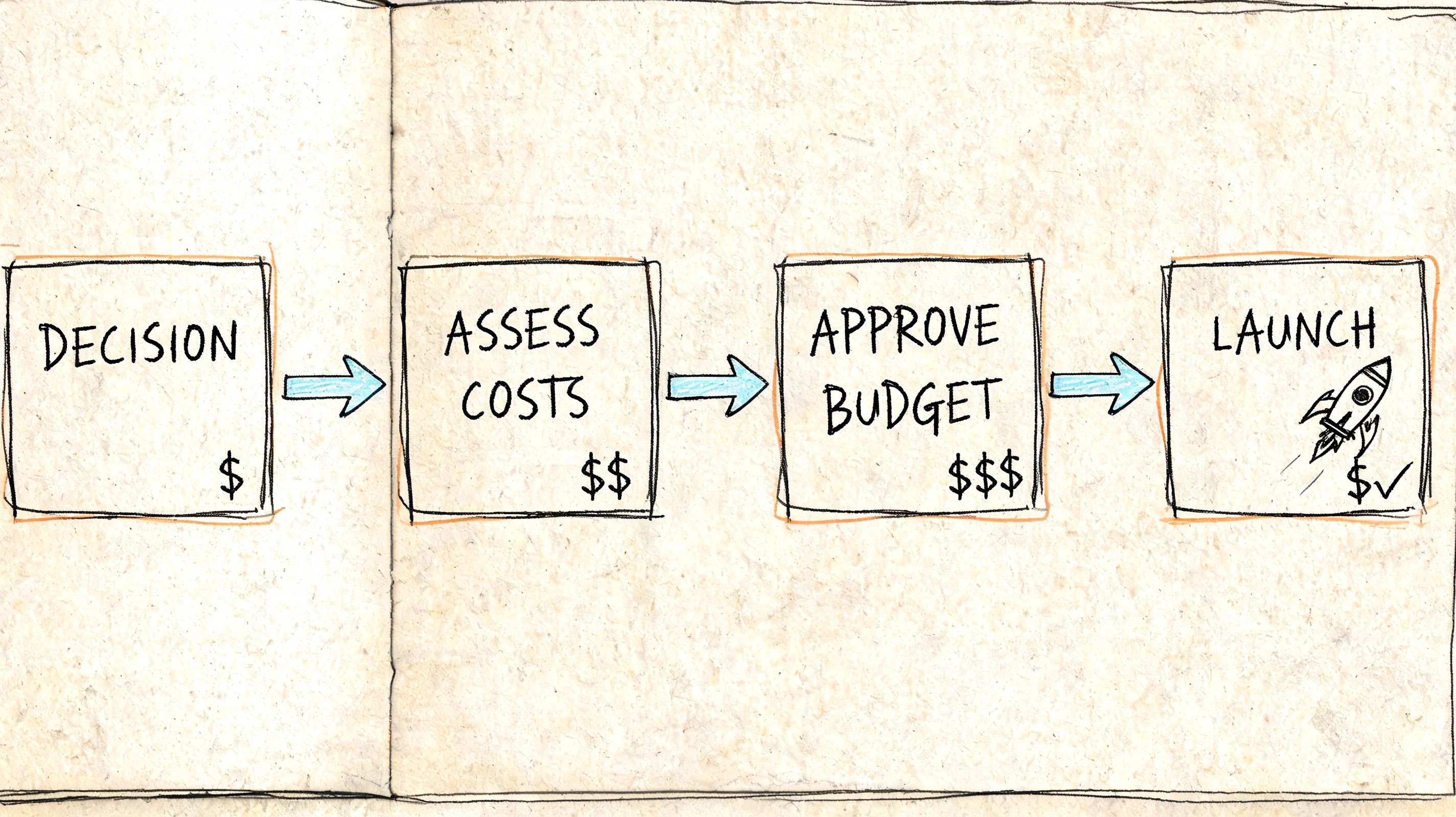 A hand-drawn flowchart diagram showing four business steps: Decision, Assess Costs, Approve Budget, and Launch.