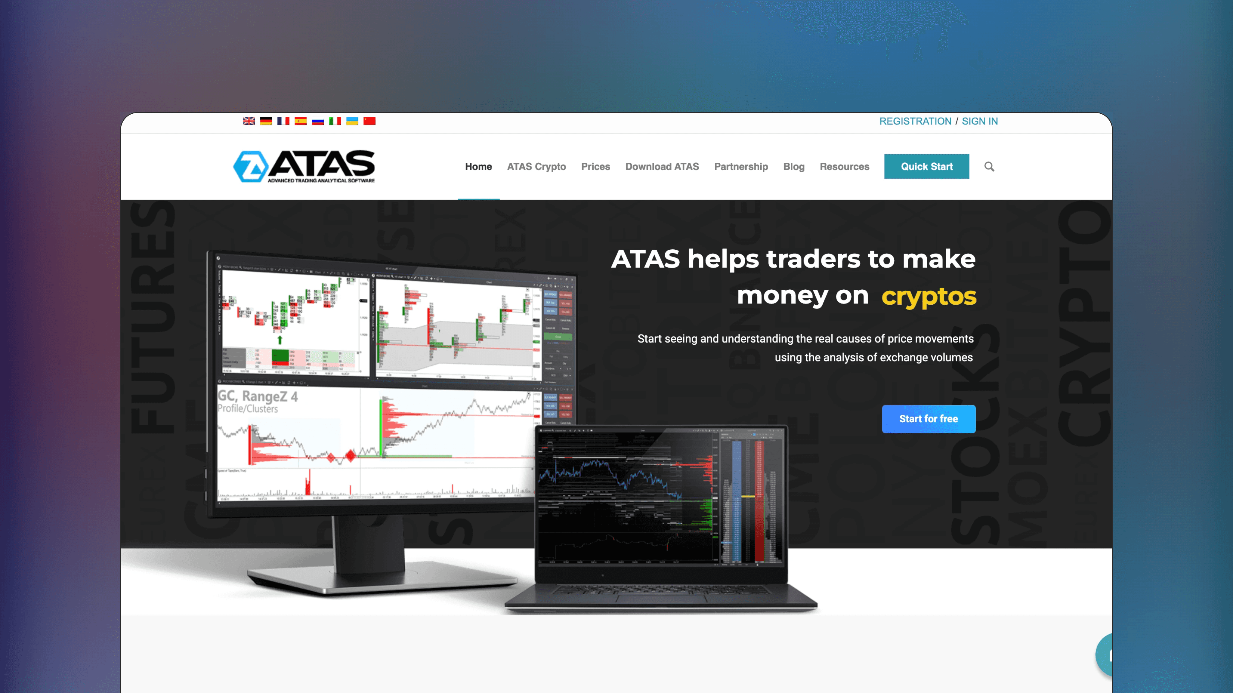 Website preview of ATAS, technical analysis orderflow platform showing charts with volume analysis and liquidity heatmaps.