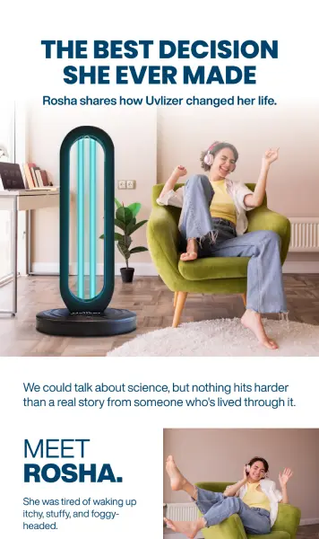 Email from Uvlizer featuring a woman with a Uvlizer light, sharing her experience on how it positively changed her life.