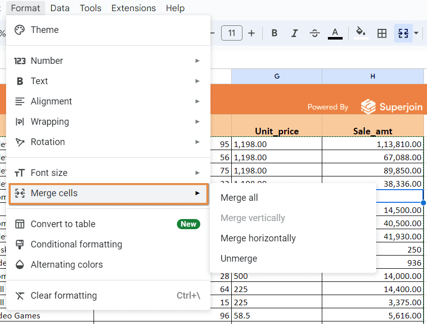 Choose Merge Cells: From the dropdown menu, hover over "Merge cells".