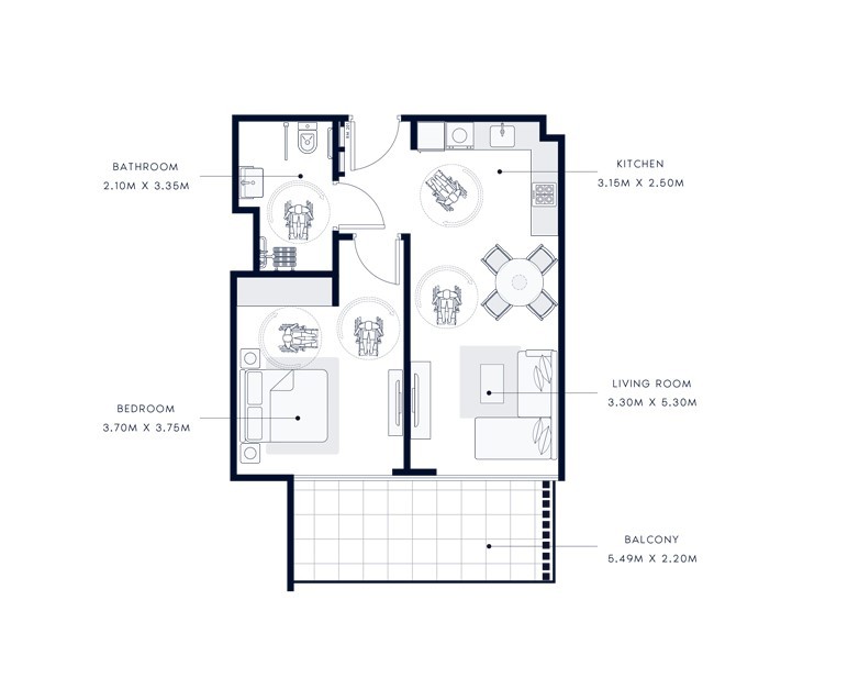 Layout of a one-bedroom apartment in Azizi Central, Dubai, detailing the configuration of rooms and common areas.