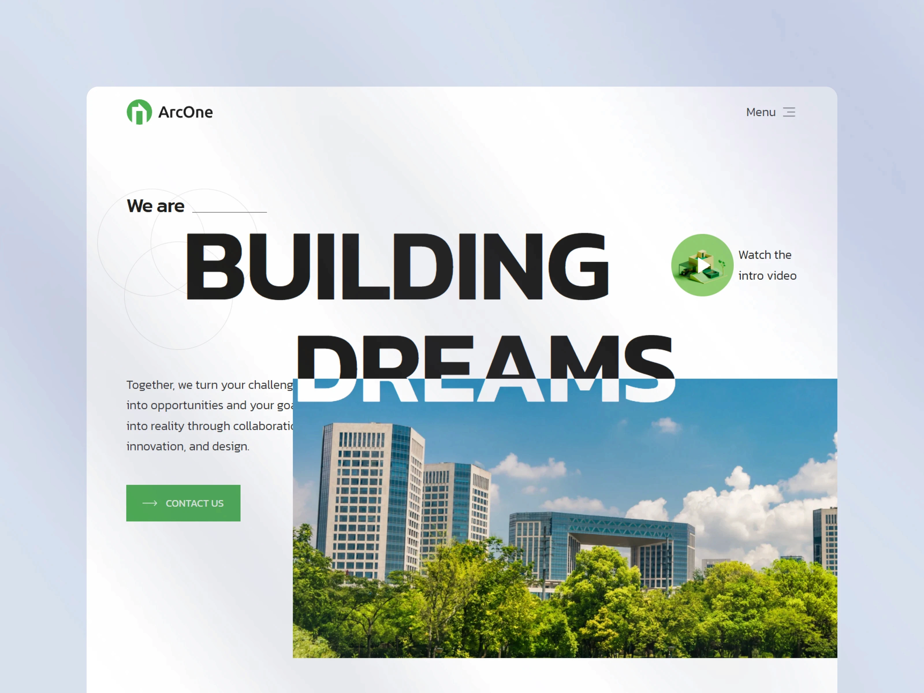 Architecture firm hero section with bold Building Dreams headline, cityscape, and green CTA