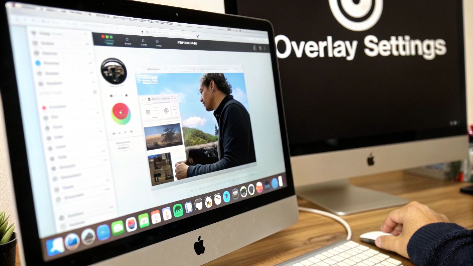 A person uses a mouse at a desk with two iMacs displaying screen recording software and settings.