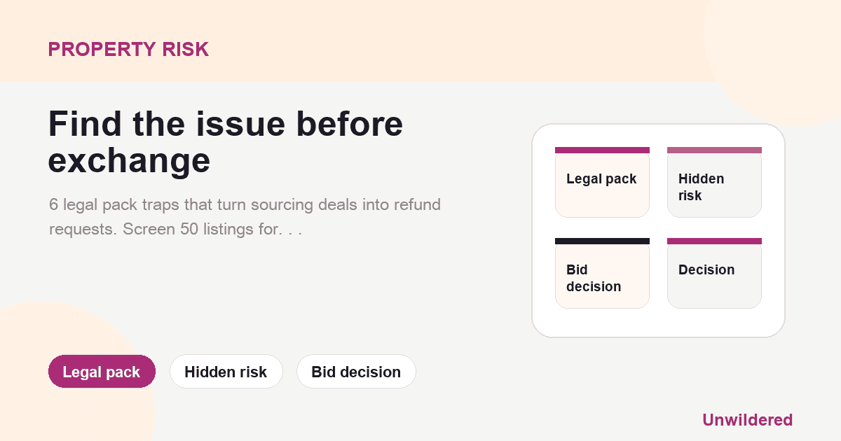 Explainer card for Best AI for Property Deal Sourcers in 2026: Screen 50 Listings Before Your Competitors Find the Gold: Legal pack, Hidden risk, Bid decision.