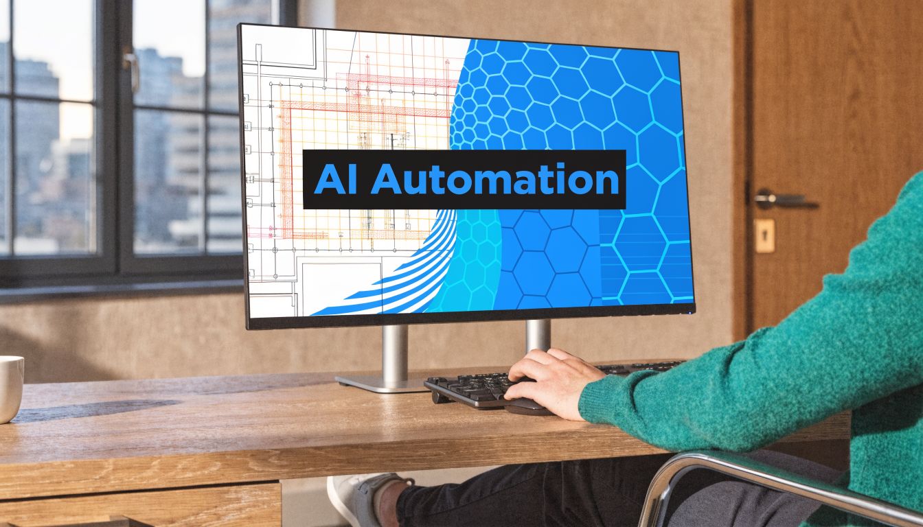 En person arbetar vid en dator med en skärm som visar texten AI Automation och teknisk grafik.