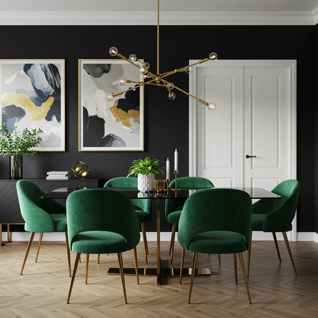 Contemporary dining room featuring dramatic black and white walls with emerald accent chairs
