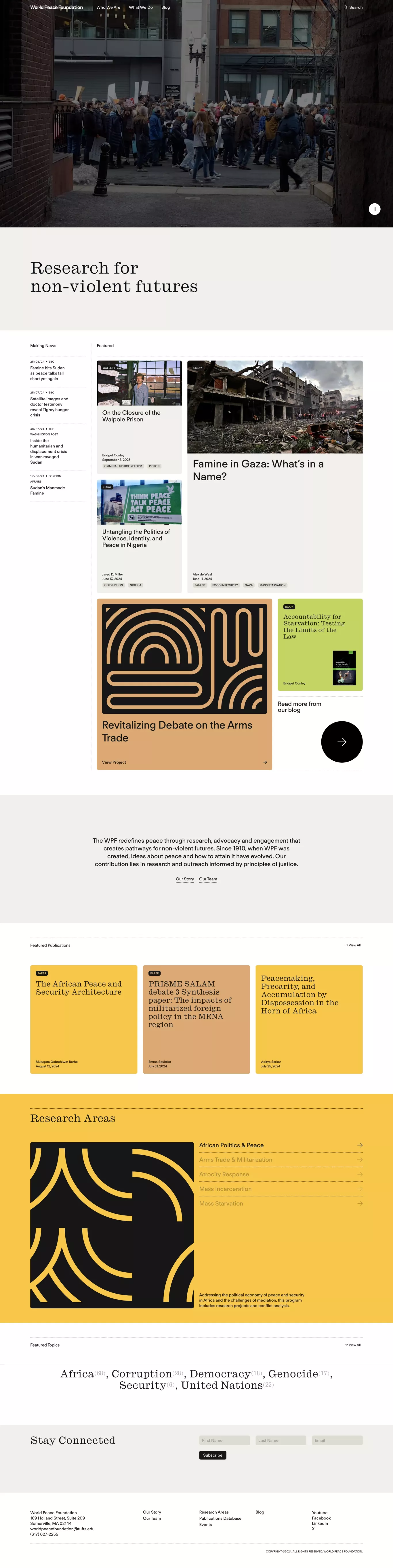 Research for non-violent futures other page screenshot showcasing Charity and Magazine design
