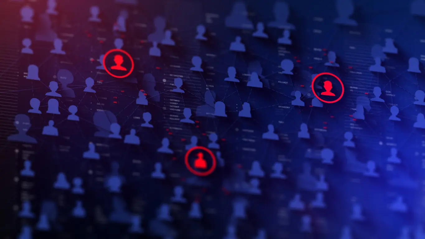 Network grid of blue person icons with three flagged in red, illustrating the detection of outliers within a workforce