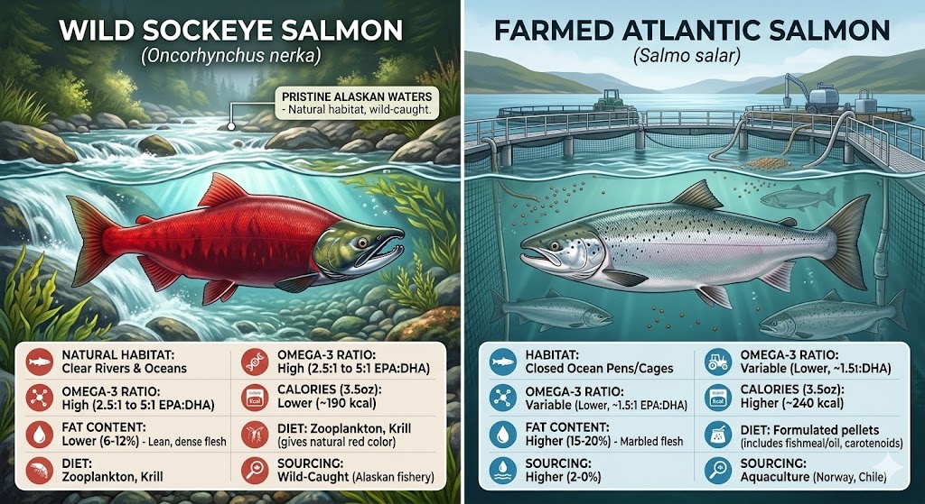 A side-by-side infographic comparing Wild Sockeye Salmon and Farmed Atlantic Salmon. The left side shows wild sockeye in a natural river setting with labels for high omega-3 ratio, natural red color, lower fat and calories. The right side shows farmed salmon in a mesh cage with labels for higher total fat and calories, variable omega-3 ratio, artificial coloring, and aquaculture sourcing. Data tables show comparisons across fat content, natural red color, omega-3 ratios, and calories per serving. The overall aesthetic blends naturalism with clear health data visualizations.