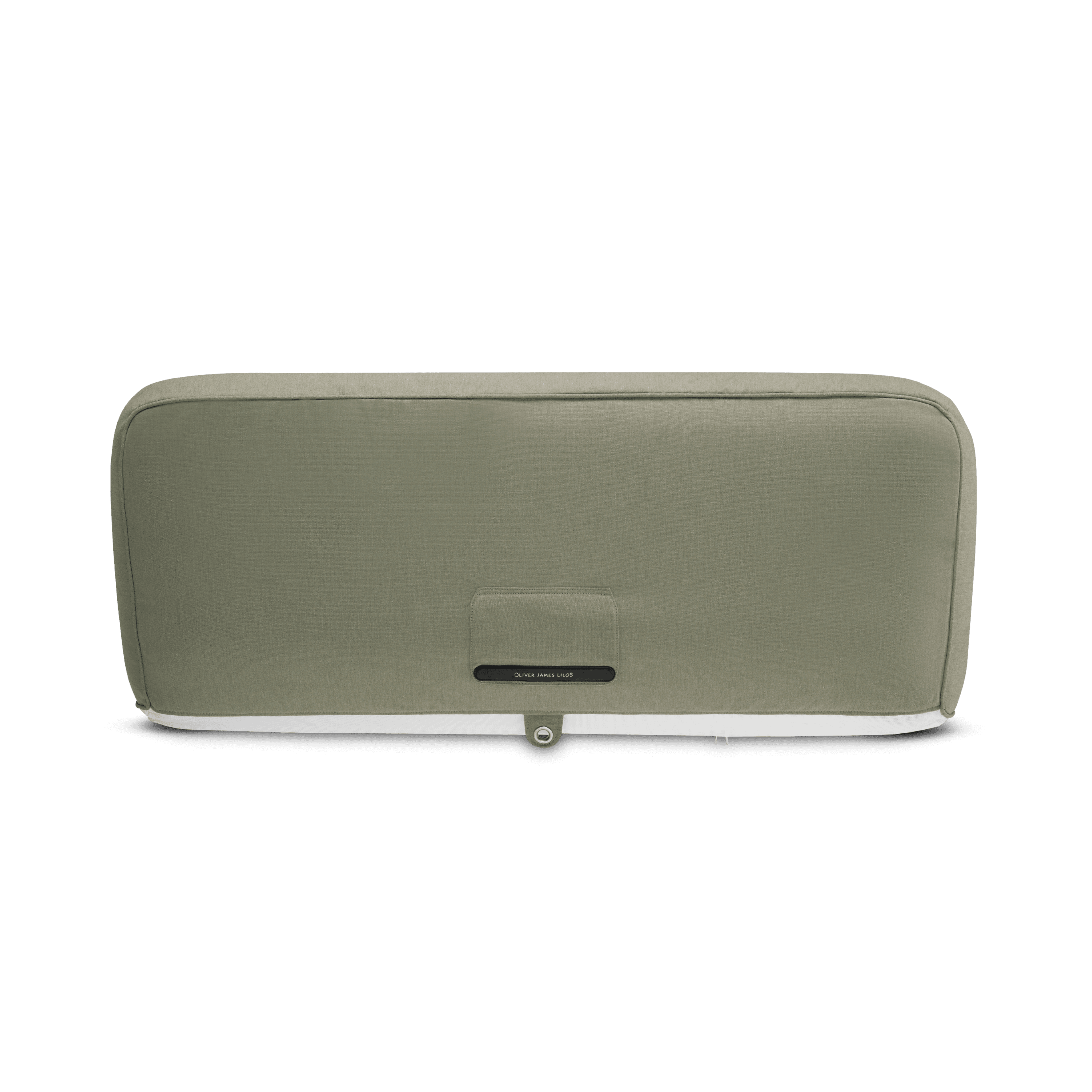 Double pool float side profile in sage-green recycled canvas with quilted panels and matte white base