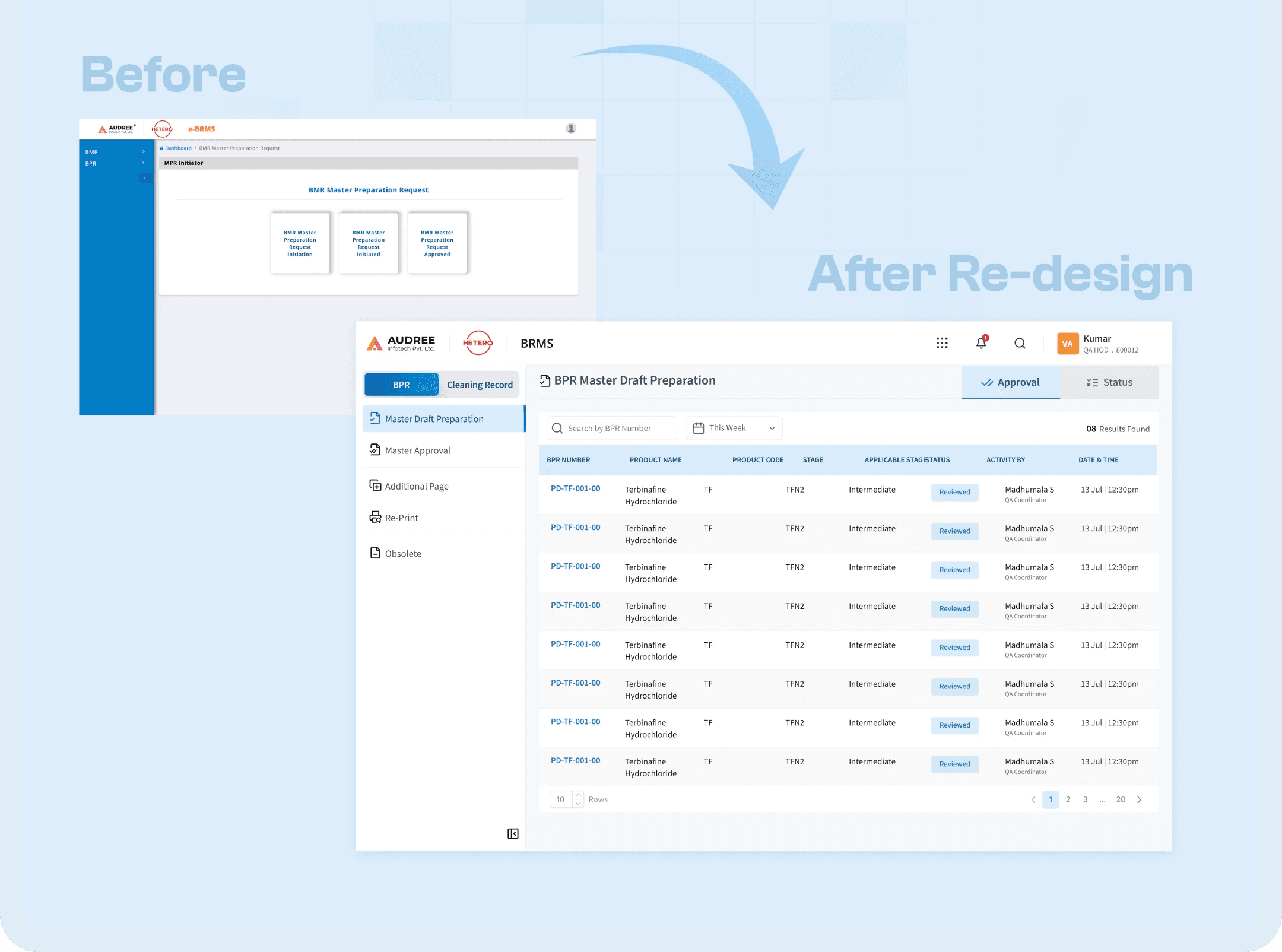 BRMS-API software old and new redesign screens