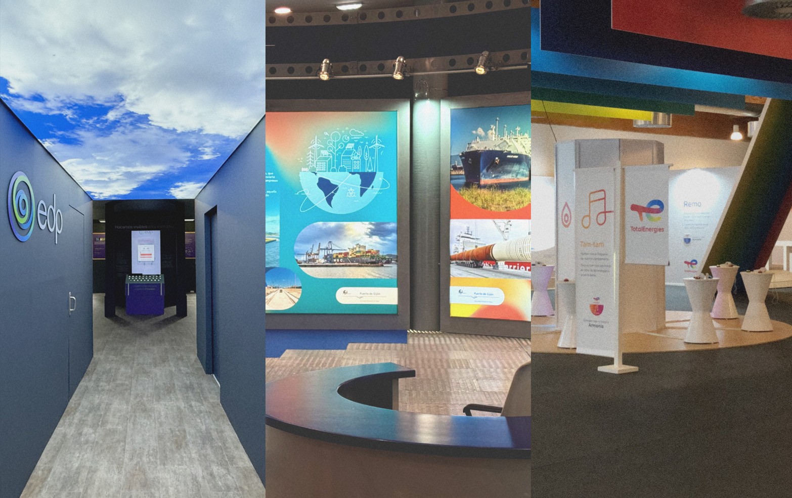 Stands corporativos EDP, Puerto de Gijón y TotalEnergies — Gestión de producción simultánea FIDMA