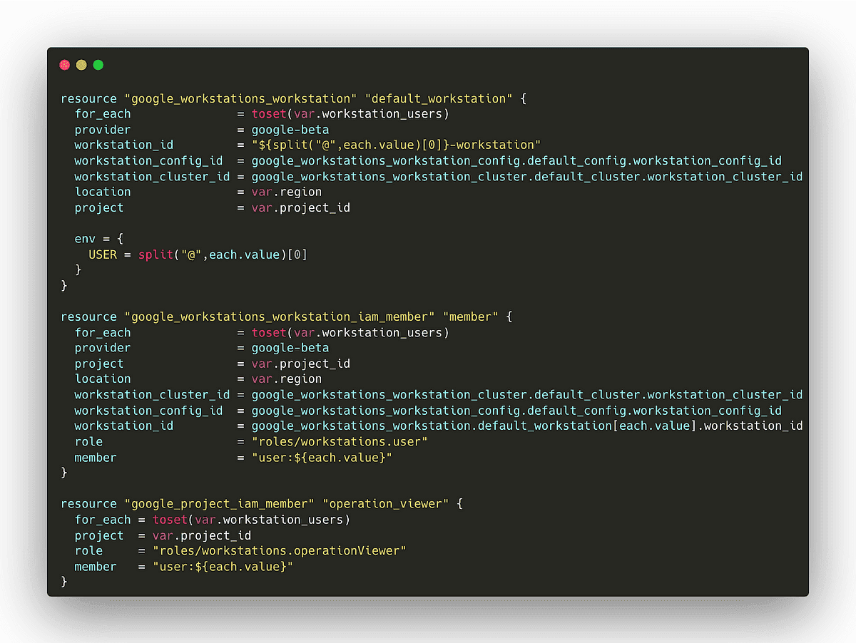 Screenshot of Terraform configuration code for setting up Google Workstation resources and IAM roles. The code includes a 'google_workstations_workstation' resource block, a 'google_workstations_workstation_iam_member' block for assigning user roles, and a 'google_project_iam_member' block for operation viewer permissions, utilizing variables for user emails, project ID, and region.