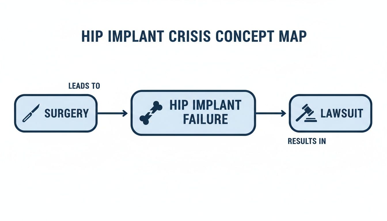 A concept map illustrating the progression from hip surgery to implant failure and subsequent lawsuits.